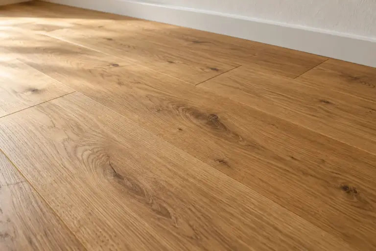 Matte Eichenoberfläche mit sichtbarer Holzmaserung, Dielenfugen und weißer Sockelleiste