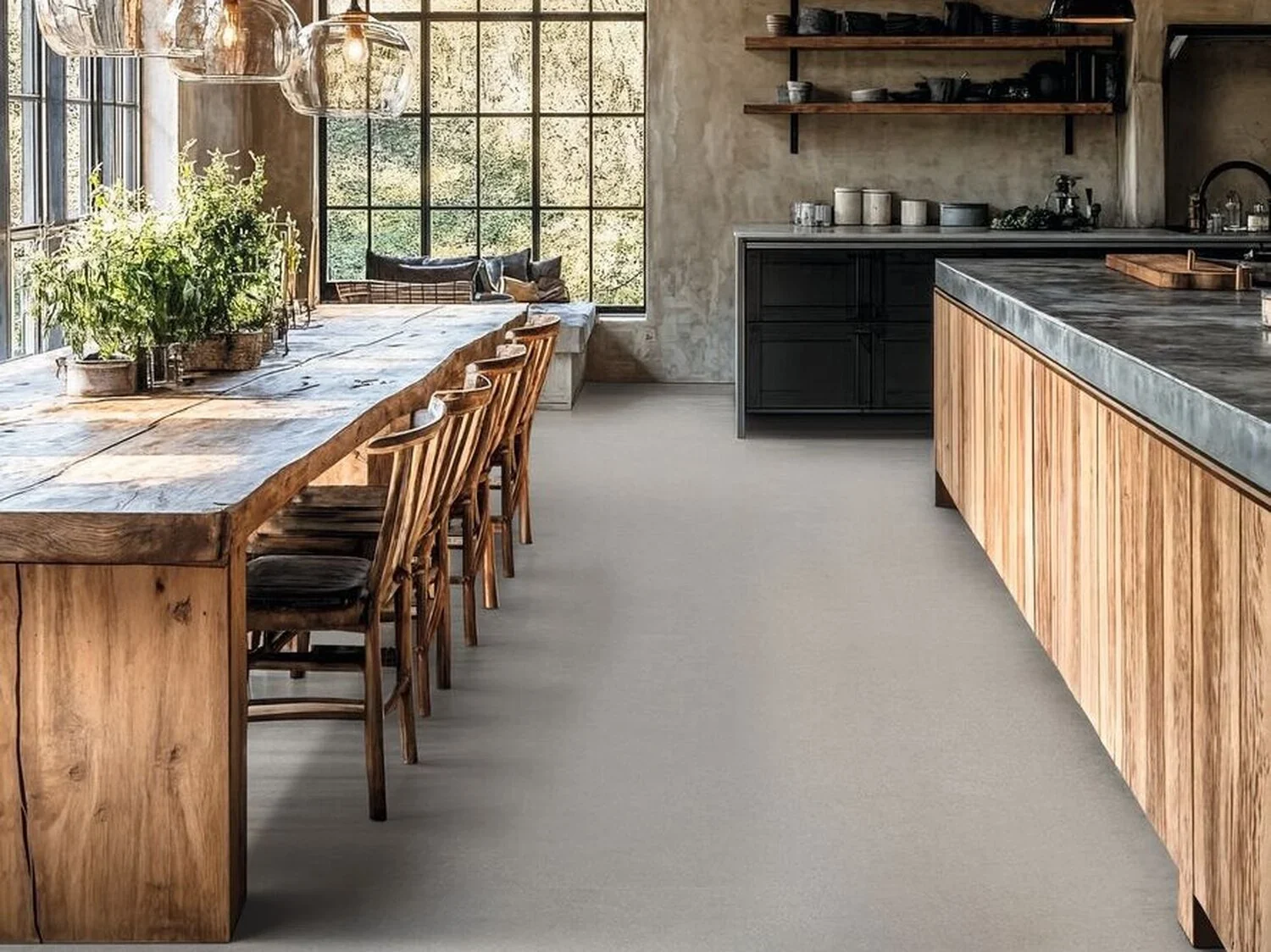 Gerflor Designboden in Steinoptik im offenen Küchen- und Essbereich mit dunklen Möbeln. Entdecken Sie Gerflor-Designböden für Ihre persönliche Raumidee. Gerflor Designboden in Steinoptik im offenen Küchen- und Essbereich mit dunklen Möbeln